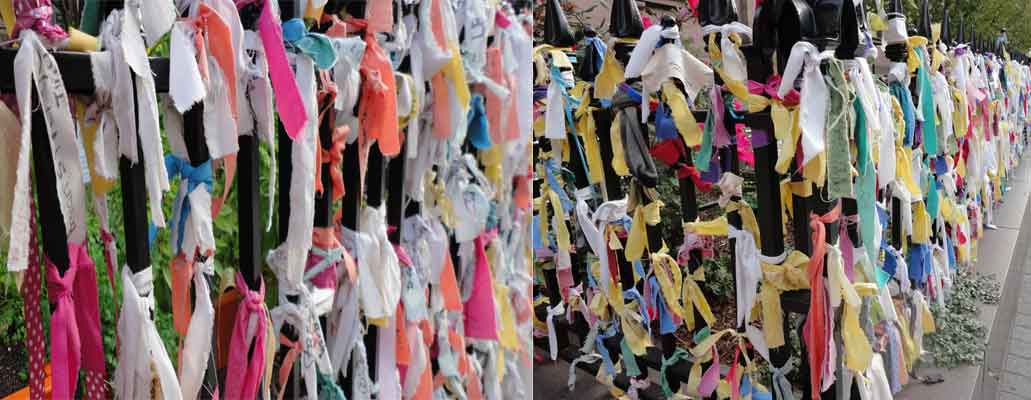 fabric pieces at the fence of a church in Boston 2013
